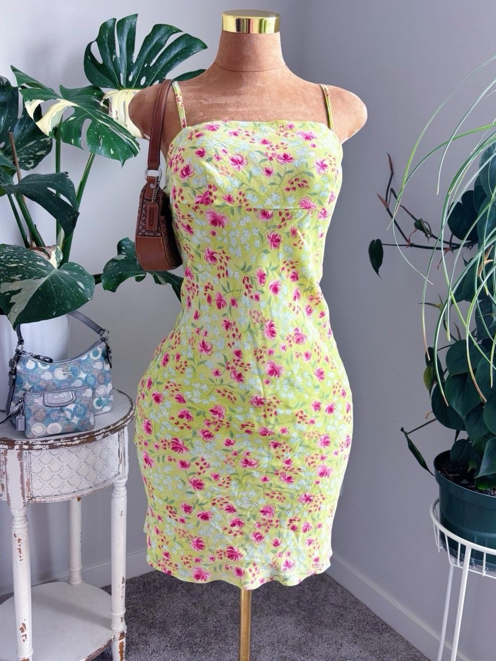 Moda International Lime Green Pink Floral Mini Dress Size 6 Y2K Coquette Cottage